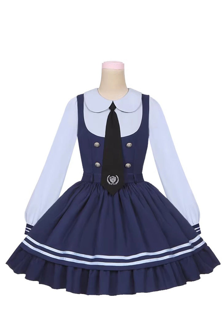 Blue Rabbit Officer Long Sleeves Printed Ruffled Faux Two-Piece College Style Sweet Dress