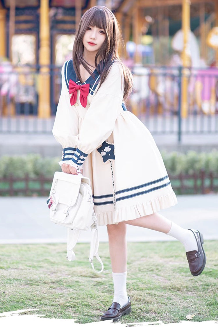 Navy Bowknot Ruffle Long Sleeve Lolita Dress