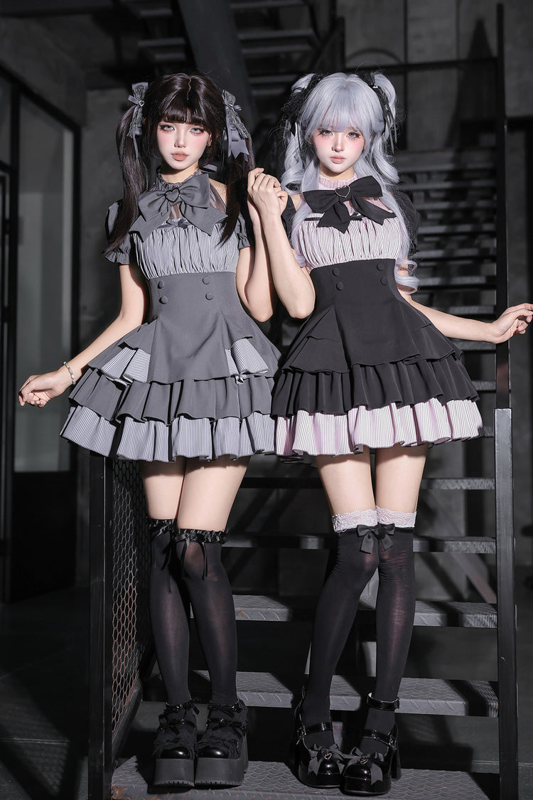 Halterneck Square Collar Ruffled Lolita Dress Set - Black/Grey