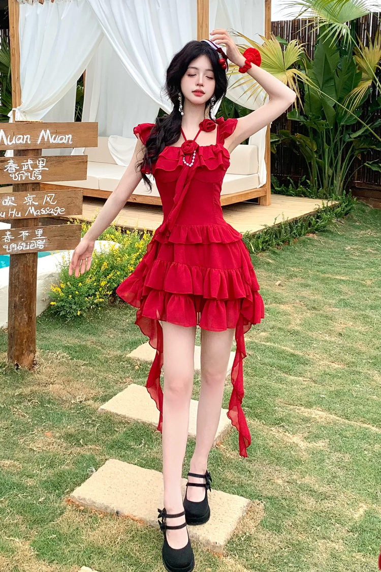 Crimson Three-Tier Frilled Bow Summer Holiday Sweet Lolita Gown