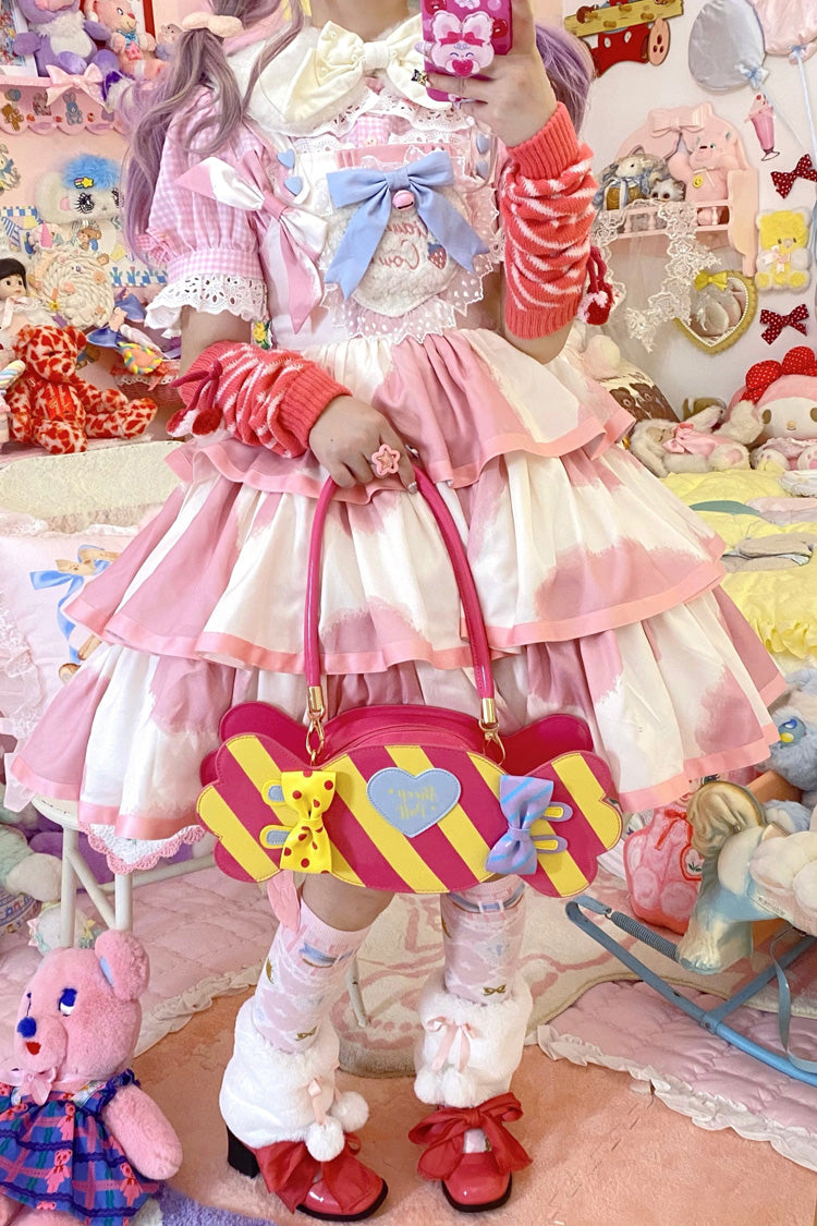 Pink Sleeveless Triple Layer Cow Print Ruffle Bow Sweet Jsk