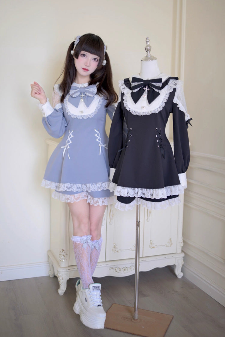 Jirai Kei Dress and Shorts Set with Hollow Bowknot, Lace-Up, Grey/Blue