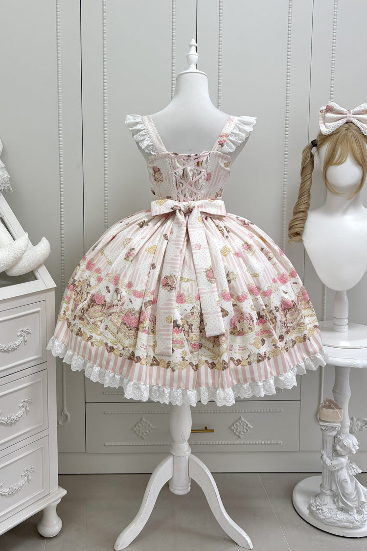 Strawberry Cheesecake Square Neck Printed Bow Lace Casual Lolita JSK