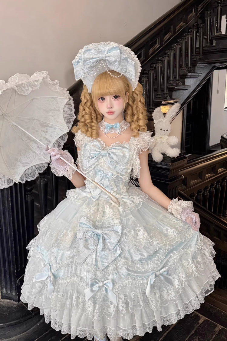 Blue Ruffled Hanayome Bow Lace Sweet Princess Lolita Jsk Dress - Sakura Dream Romance