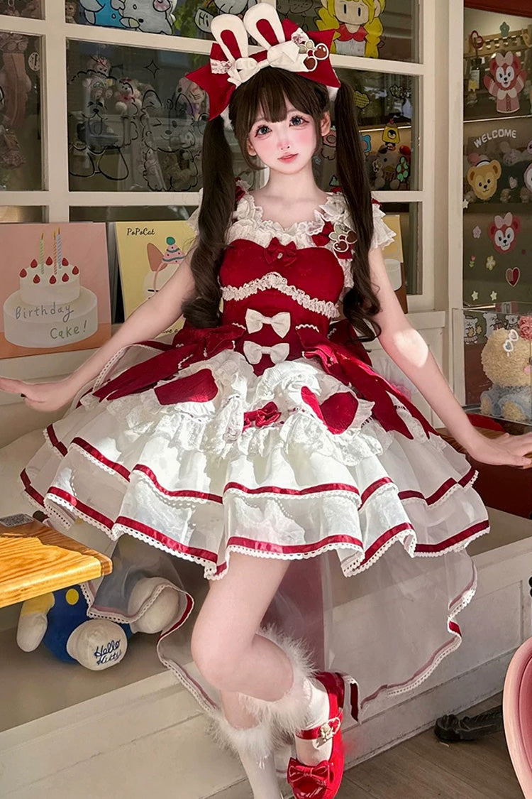 Scarlet Velvet Rabbit Sleeveless Multi-Layered Ruffled Bow Sweet Lolita Jumper Dress Set