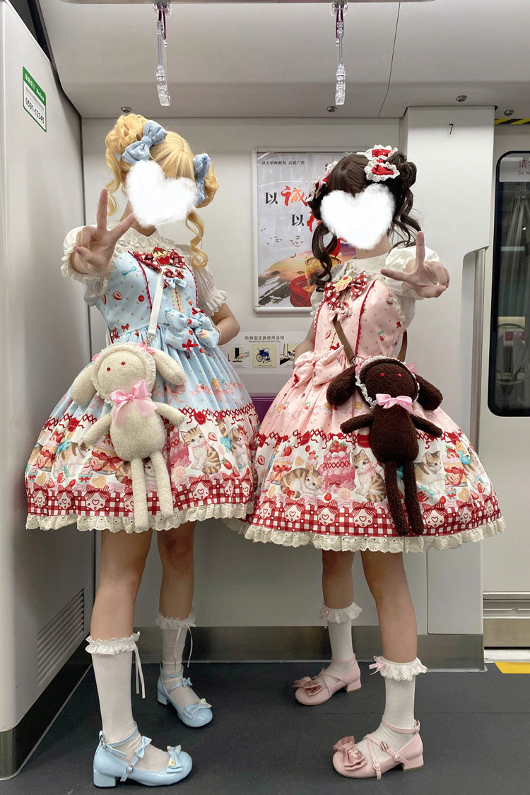 Strawberry Cake Kitty Sleeveless Printed Bow Lace Sweet Strap Dress
