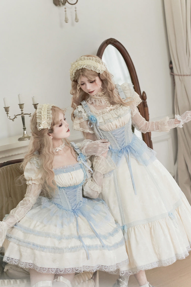 Ivory Square Collar Short Sleeve Ruffle Fishbone Sweet Short Dress - Sea Salt Iced Tea
