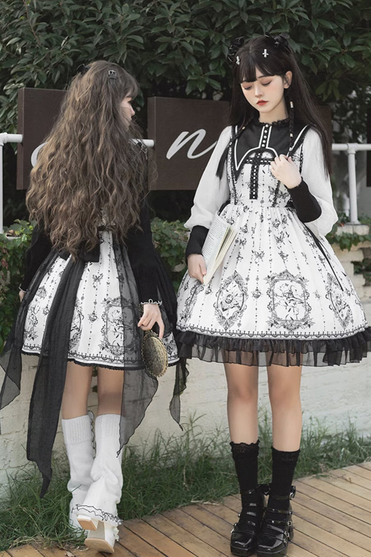 Black White Lace Ruffled Butterfly Magic Print Gothic OP