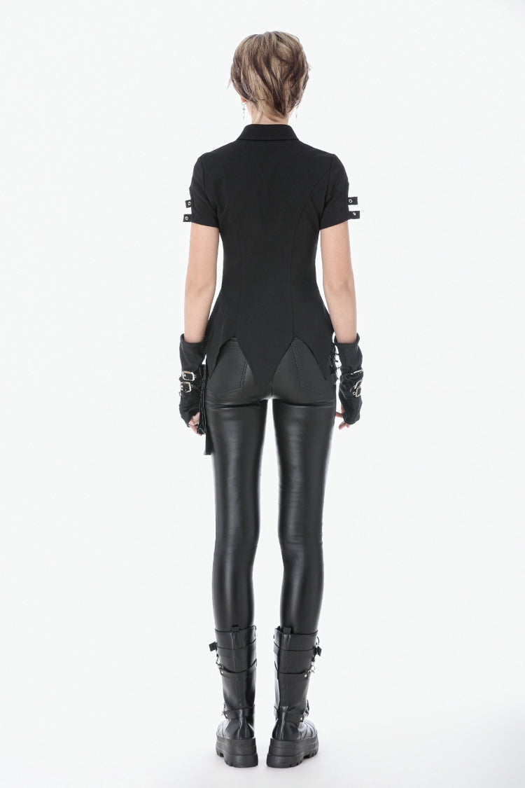 Punk Blouse with Turn-Down Collar and Lace-Up Eyelets