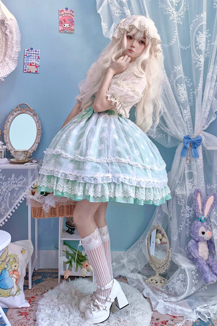 Wave Candy Triple-Layered Print Ruffle Bowknot Sweet Lolita Skirt