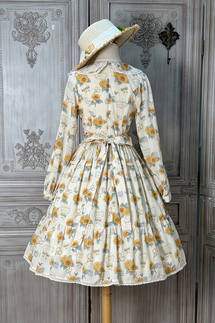 Apricot Sunflower Long Sleeve Floral Bow Elegant Lolita Dress