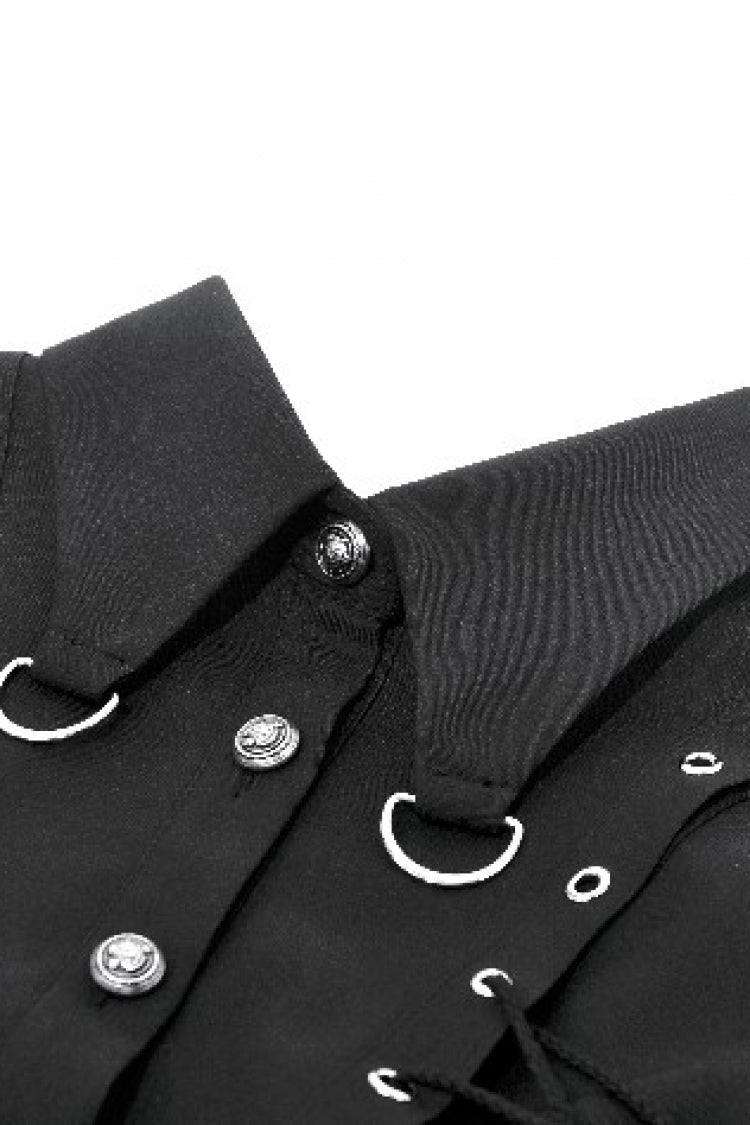 Punk Blouse with Turn-Down Collar and Lace-Up Eyelets