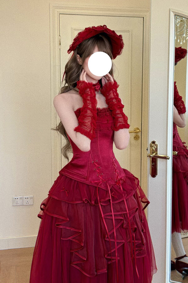 Scarlet The Summer Waves Sparkle Square Neck Sleeveless Multi-Layered Ruffled Bow Laced Slim Lolita Skirt Set