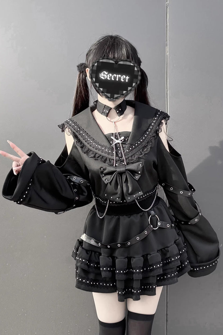 Navy Collar Long Sleeves Ruffled Bow Studded Gothic Jirai Kei Top and Skirt Set