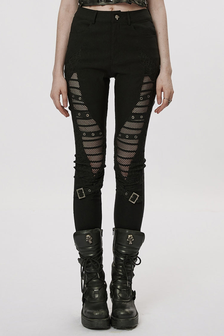 Gothic Leggings with Mesh Panels, Buckle Straps & Stitched Cutout Design