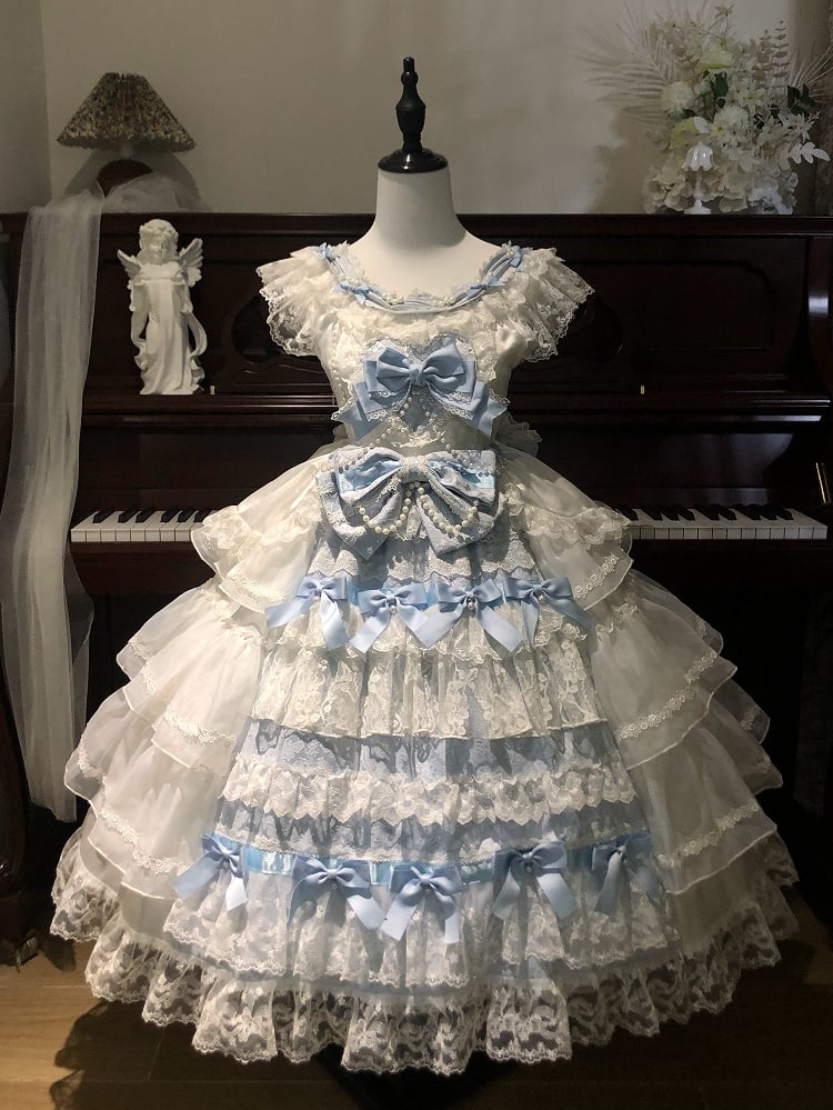 Dress Hime Tiered Skirt Lolita Bows and Hanayome White Blue Decoration