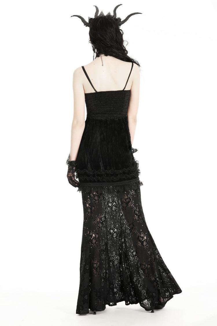 Obsidian Double-Layered Lace Ruffle Top with Spaghetti Straps - Gothic Sheer