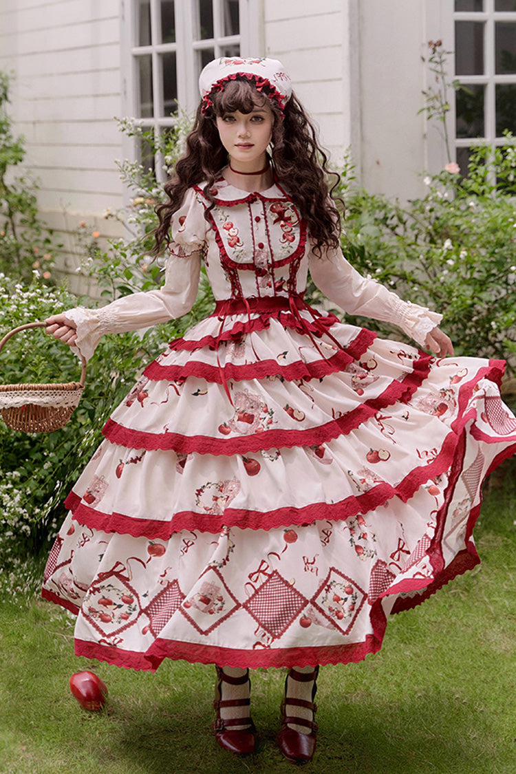 Crimson Beige Triple-Layered Apple Orchard Printed Ruffled Embroidered Sweet Lolita Maxi Skirt