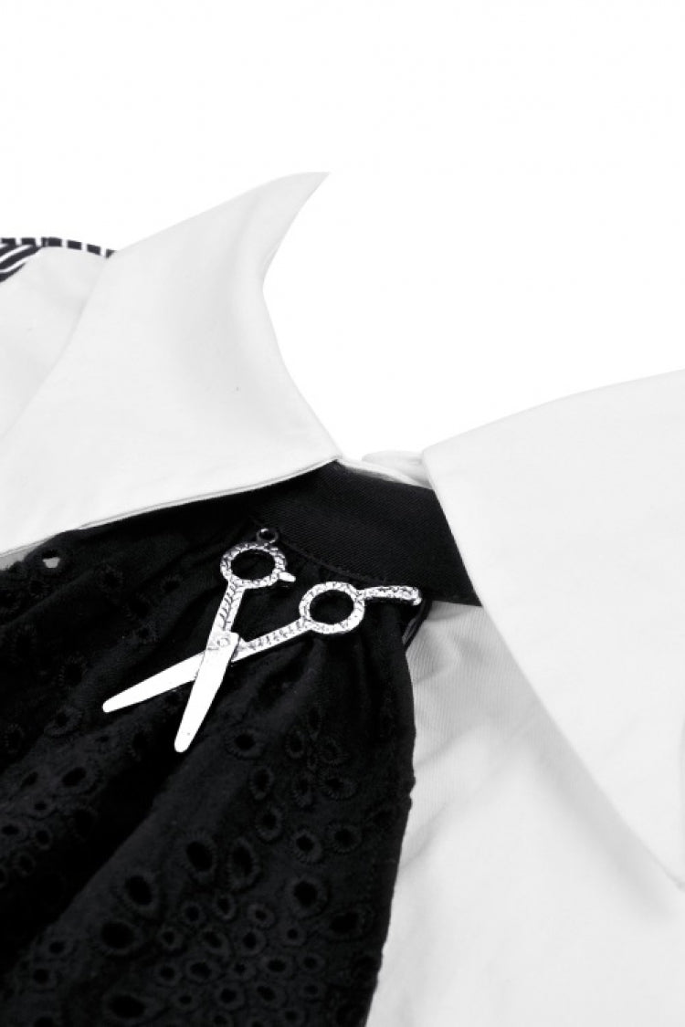 Black/White Notch Collar Puff Sleeve Gothic Striped Preppy Dress