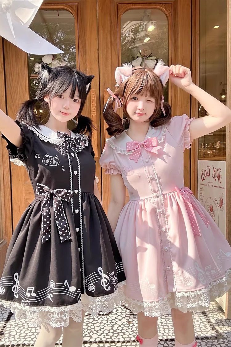 Black Melody Kitty Doll Collar Short Sleeves Ruffled Embroidered Bow Lace Sweet Dress