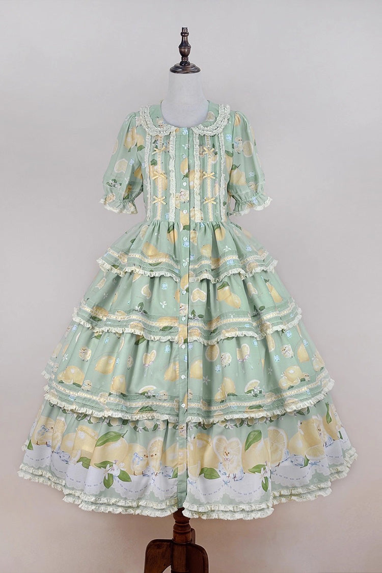 Triple-Layered Print Ruffled Bow Lace Sweet Gorgeous Lolita Dress - Green Lemon Chicken