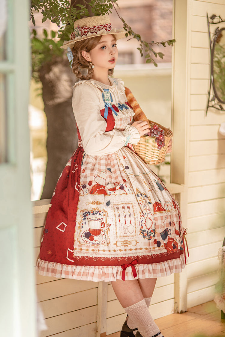 Scarlet Tea Party Printed Ruffled Bow Lace Sweet Elegant Lolita Jumper Dress