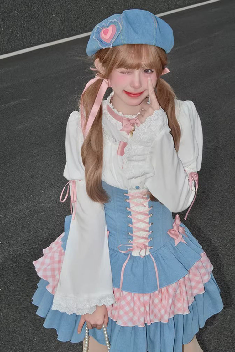 Blue Pink Rock Ballet Printed Triple-Layered Ruffled Bow Lace-Up Sweet Jsk Dress