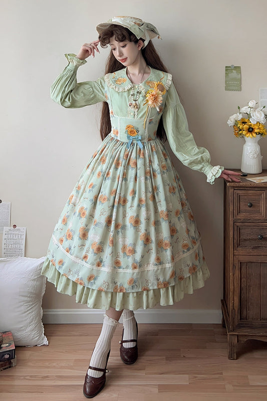 Green Sunflower Sleeveless Floral Bow Elegant Uplift Jsk