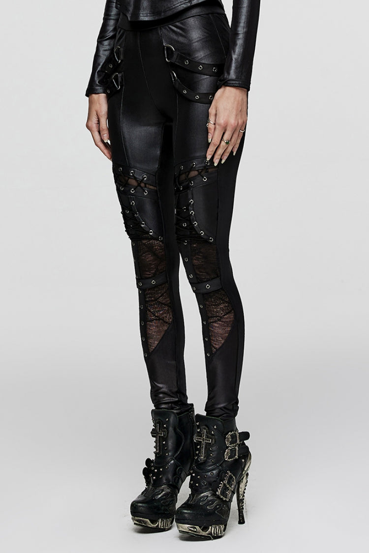 Women's Steampunk Leggings with Hollow Metal Eyelet Strap Lace-Up Design