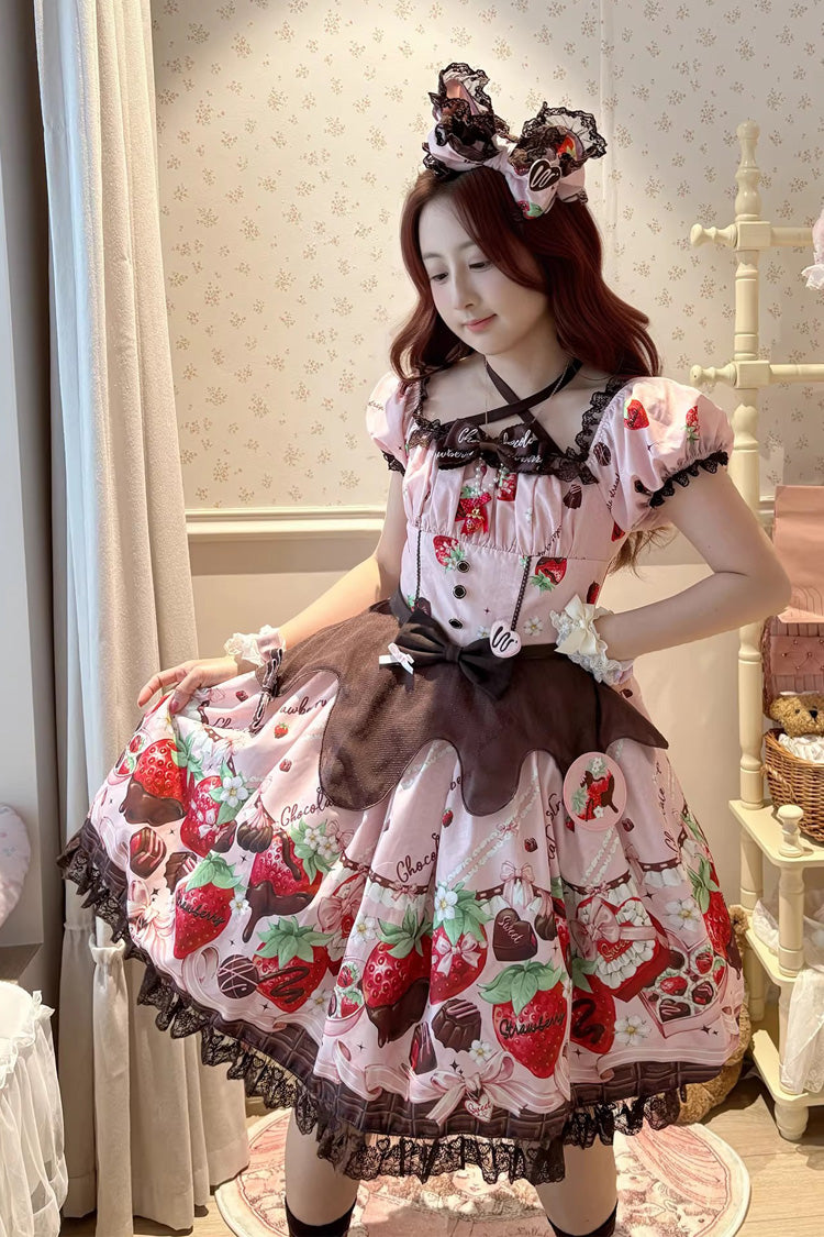 Chocolate Lover Square Collar Printed Bow Lace Sweet Lolita Dress