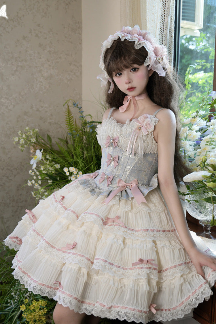 Sea Salt Souffle Sleeveless Multi-Tier Bow Lace Ballet Lolita Jumper Dress