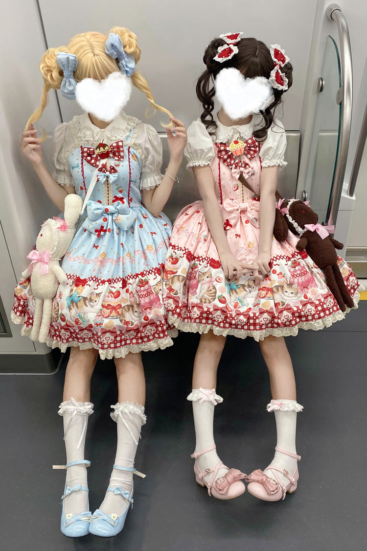 Strawberry Cake Kitty Sleeveless Printed Bow Lace Sweet Strap Dress