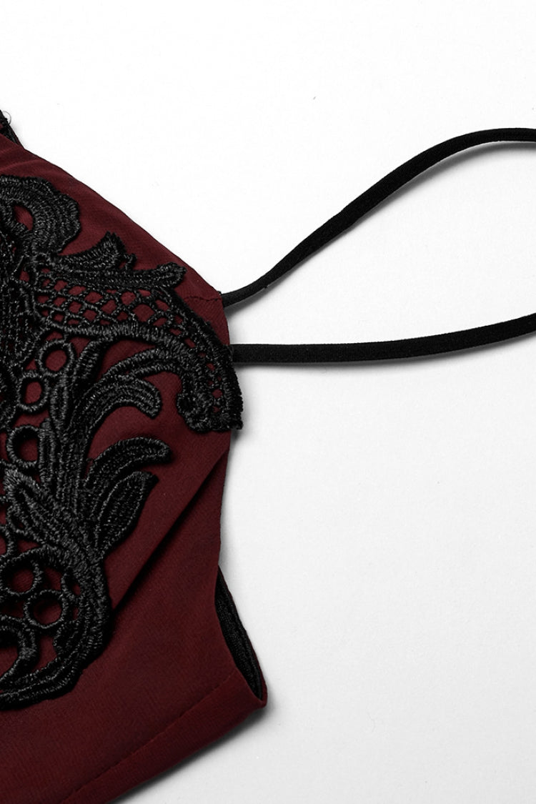 Dark Crimson Floral Embroidered Lace-Up Gothic Slip Dress