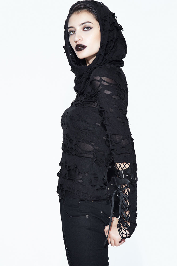 Women's Punk Shirt with Hooded Ripped Finger Covered Splice Mesh Leather Loop Lace Up