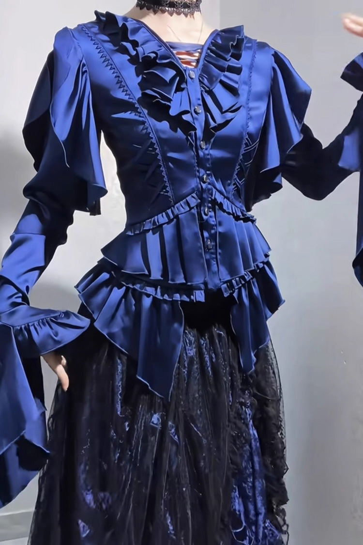 Echoes of the Deep Sea Hime Sleeve Ruffled Bow Corset Gothic Ouji Lolita Blouse in Four Shades