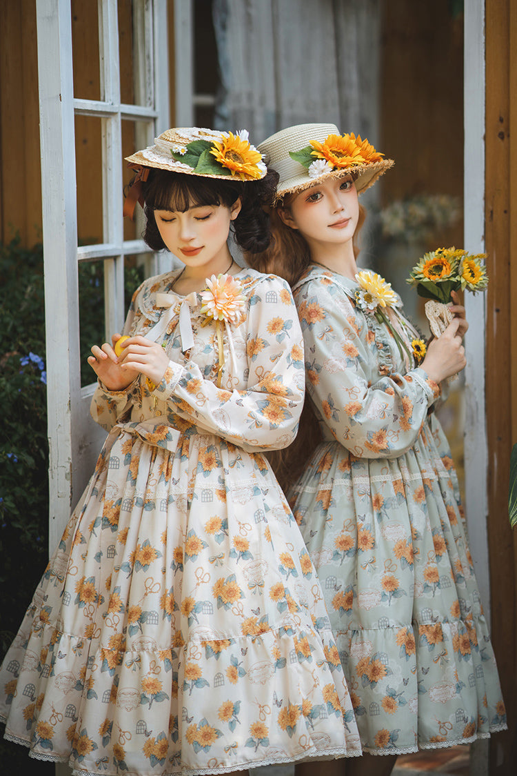 Apricot Sunflower Long Sleeve Floral Bow Elegant Lolita Dress