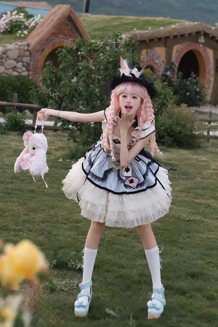 Square Collar Sleeveless Multi-Layered Ruffled Bow Lace Sweet Lolita Jsk Dress - Binky Bunny Magic