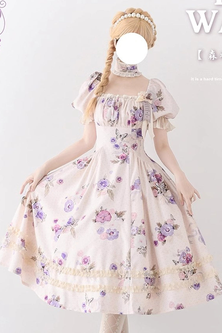 Botanical Print Ruffle-Trim Lace Summer Lolita Gown in Six Shades - Forest Basket