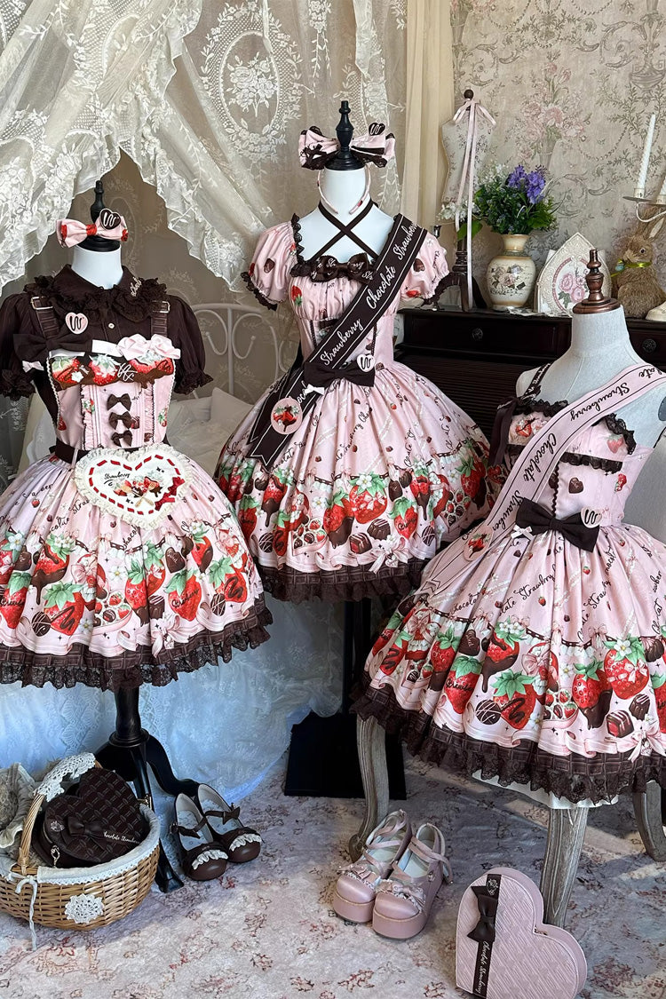 Rose Sleeveless Embroidered Bow Lace Lolita Strap Dress - Strawberry Chocolate Lover