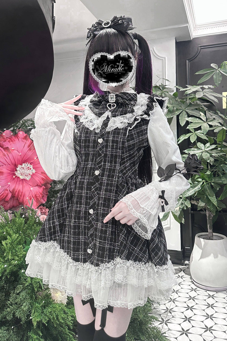 Plaid Printed Ruffled Bow Lace Sweet Jirai Kei Japanese Dress Shorts Set