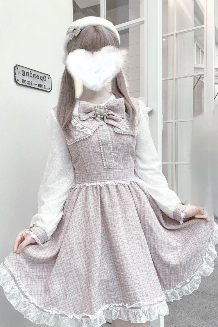 Jirai Kei Dress with Bowknot, Lace, Pearl Details, Long Sleeves, Grey/Pink