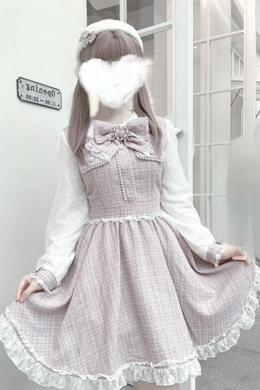 Jirai Kei Dress with Bowknot, Lace, Pearl Details, Long Sleeves, Grey/Pink