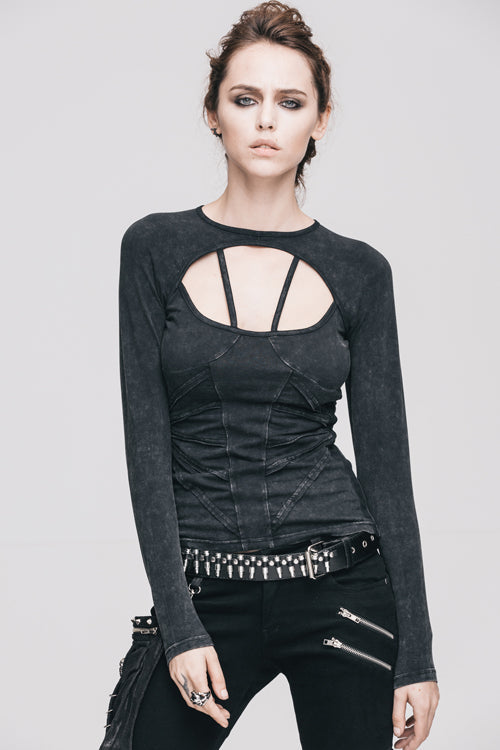 Women's Punk T-Shirt with Hollow Out Long Sleeves Straps Design