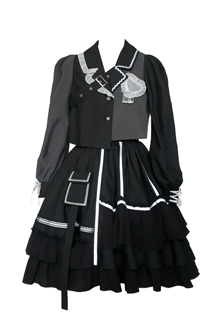 Black Reflective Strip Ruffled Pleated Gothic Set
