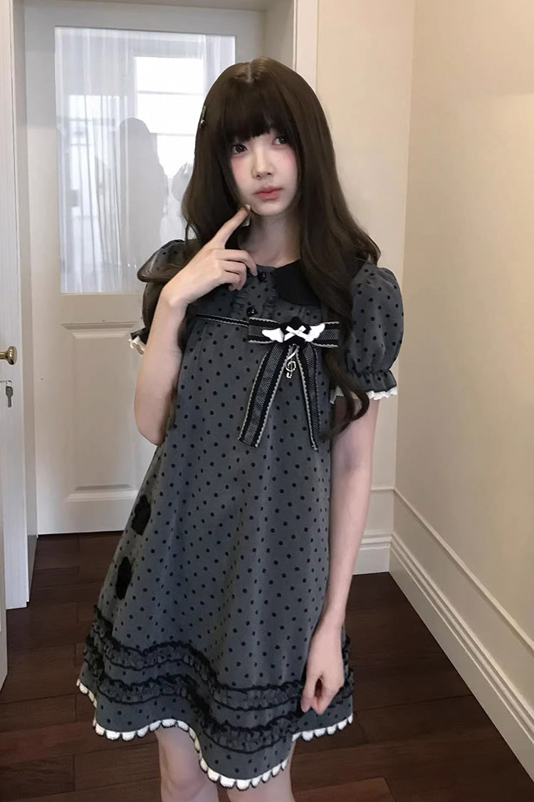 Ash Doll-Collar Polka Dot Bow Lolita Gown with Short Sleeves