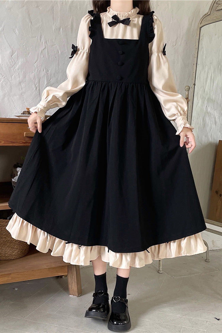 Noir/Apricot Puff Sleeve Bow Ruffle Sweet Dress - Japanese Style