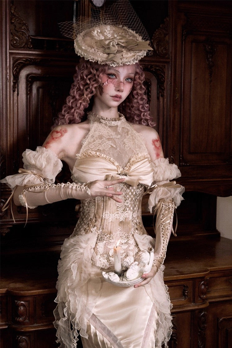Halterneck Ruffled Embroidered Bow Lace Slim Fishbone Gothic Lolita Top and Skirt Dress Set