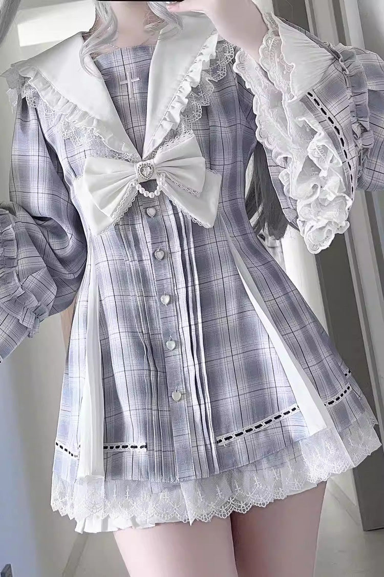 Dark Night Prayer Square Collar Long Sleeve Bow Lace Pearl Sweet Jirai Kei Dress and Shorts Set