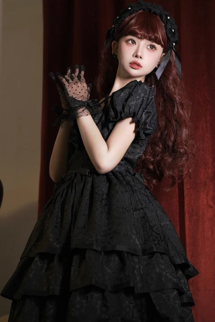 Short Sleeves Multi-layer Ruffle Bowknot Gothic Princess Lolita Dress