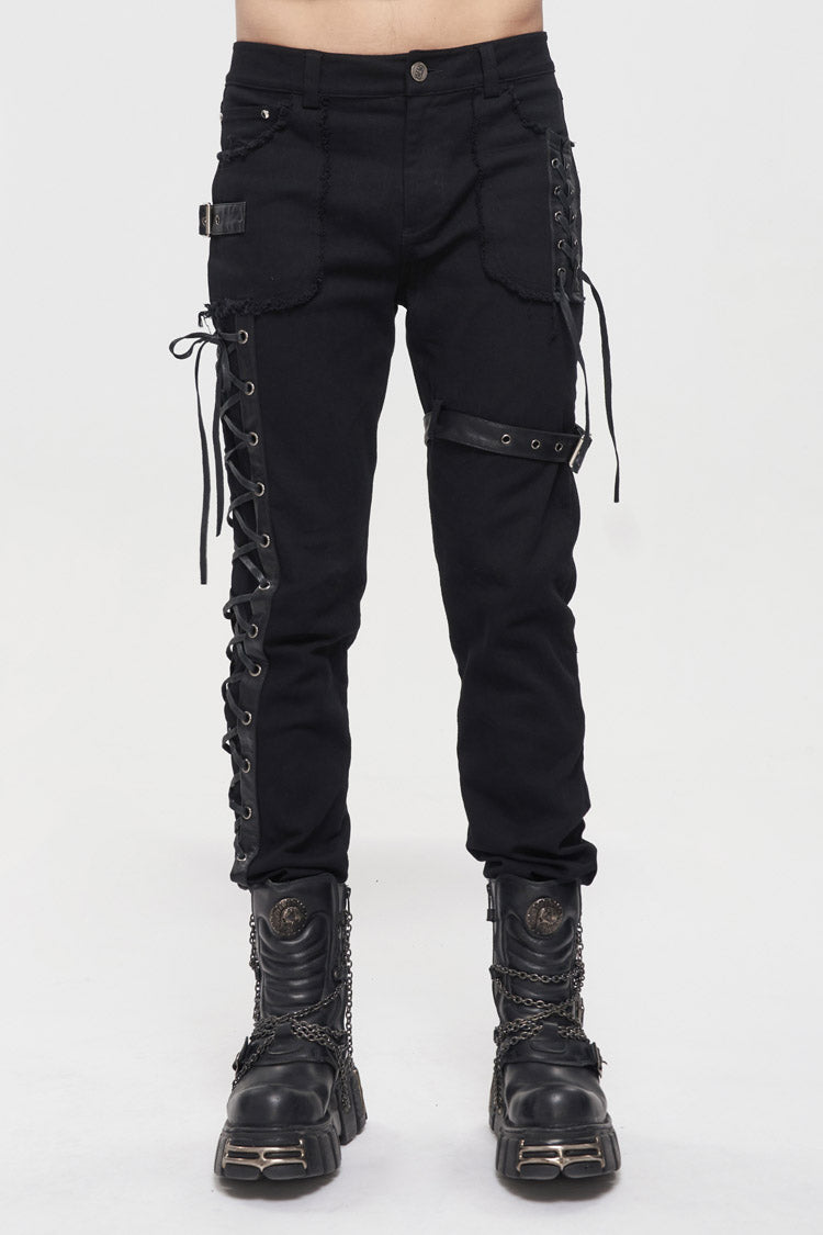 Carbon Lace-Up Leg Loops Punk Trousers for Men